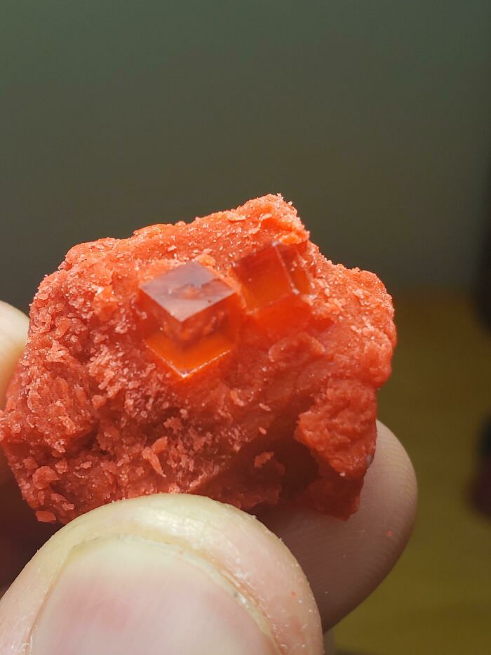 Cubic crystals growing in old Play-Doh.