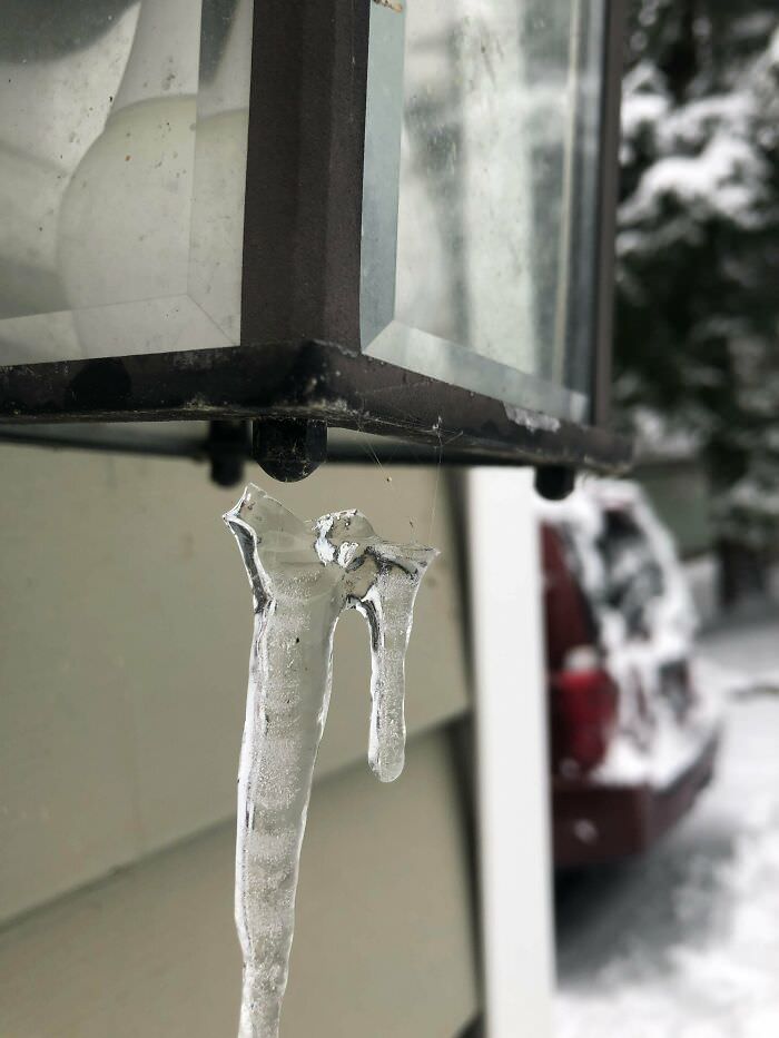 Icicle being hung by a few strands of spider web.
