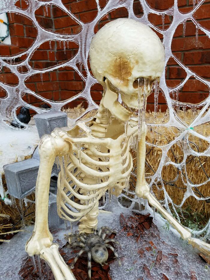 Halloween decorations covered in ice.