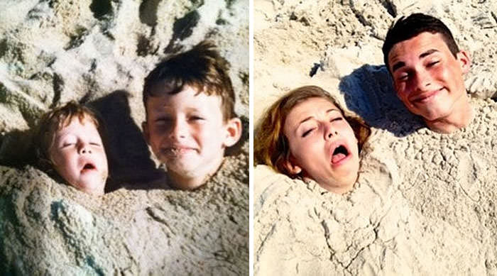 Brother and sister still love playing in the sand.