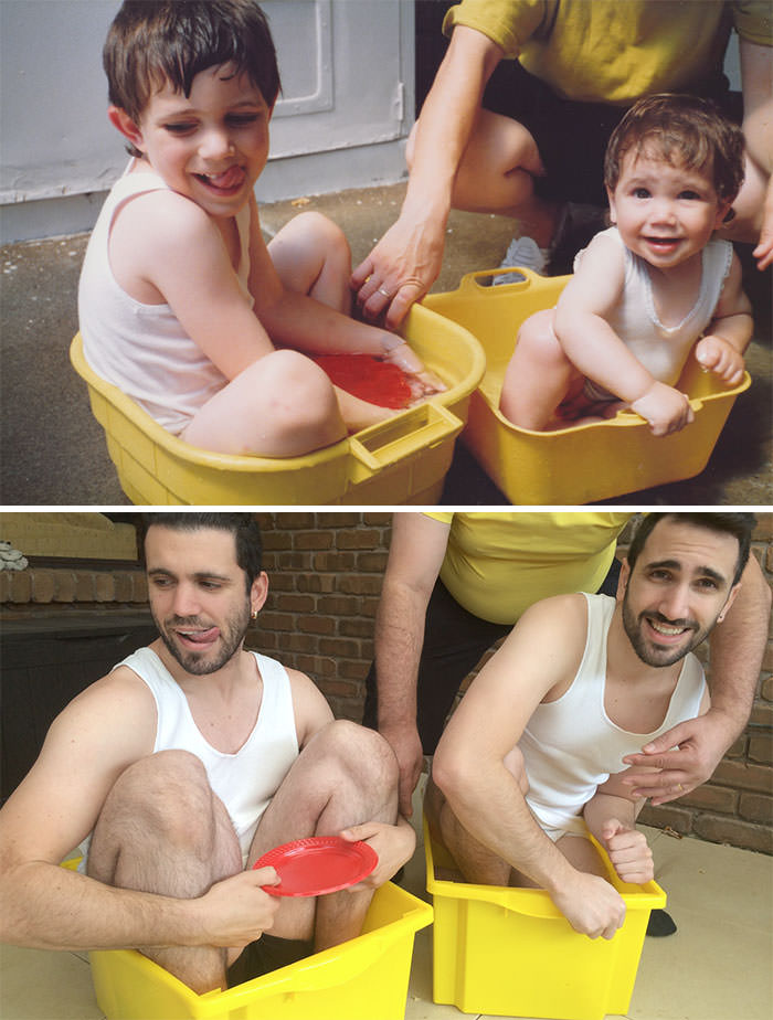 For my mom's birthday, my brother and I recreated our childhood photo as fully grown adults.