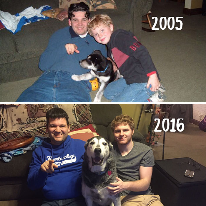 Re-took this picture on NYE with my little brother and his dog, 11 years later.