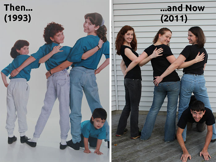 Family portrait then and now after 18 years.