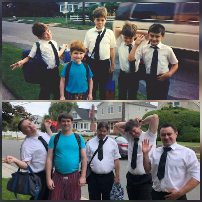 For my mom's 60th birthday, my brothers, my cousin, and I recreated a photo from my first day of kindergarten.