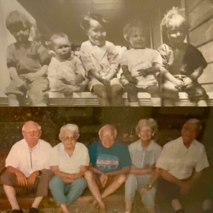 My grandpa in the middle with his sister Annetta on his left with their best friends 1927 vs. 1992.