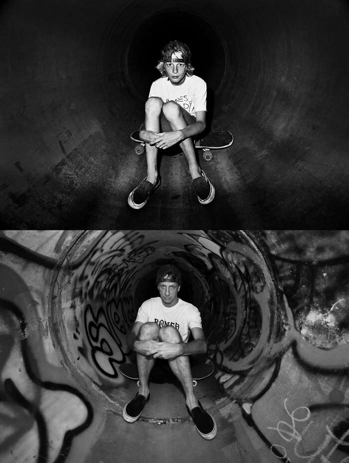 Tony Hawk around 1983 and earlier this year at Sanoland in Cardiff, CA.