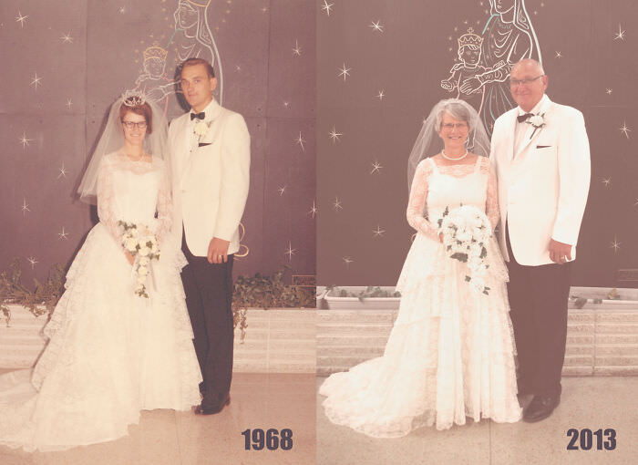 I convinced my parents to reenact their wedding photo 45 years later, including the same dress.