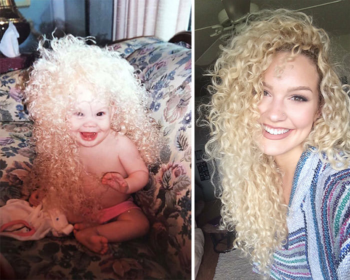 Me as a baby wearing a ridiculous wig vs. me at 21 with the hair I ended up growing.