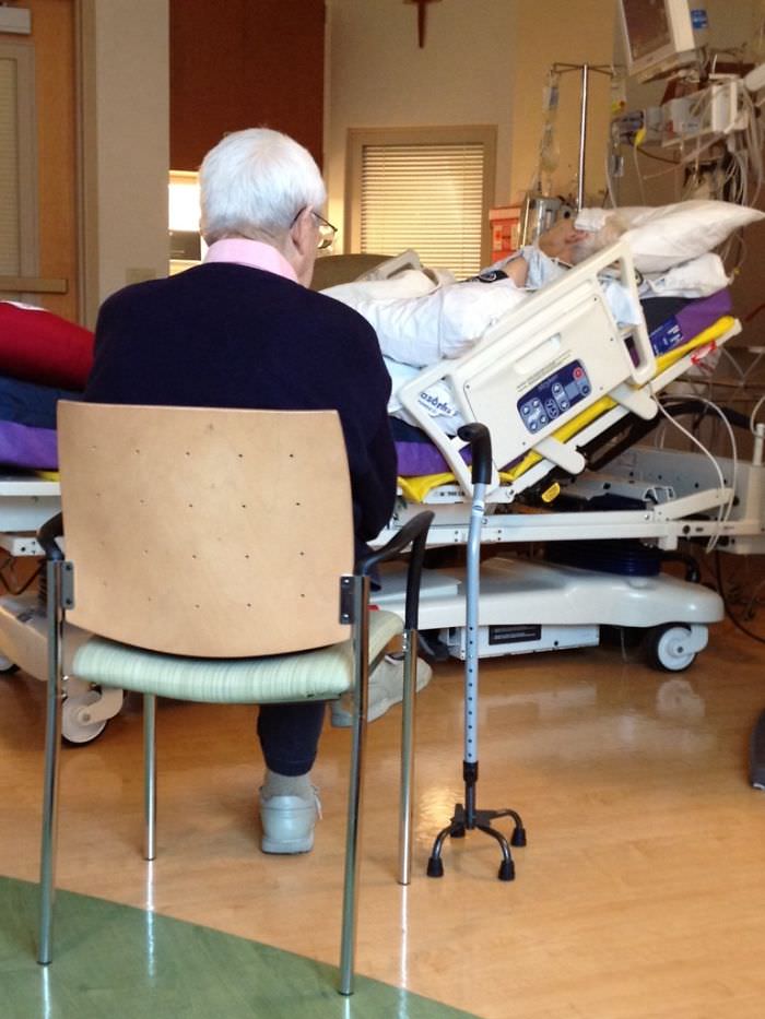 Love is awesome. My 90-year-old grandpa didn't move from this spot for 4 days after grandma's open-heart surgery.