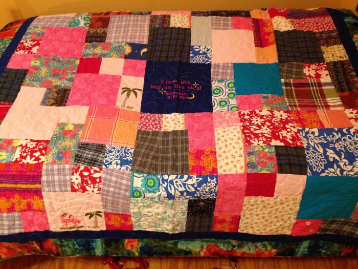 My mother died suddenly at age 56. My step-dad had her clothes made into a quilt, which I bring out every Mother's Day to remind me life is short and love is big.
