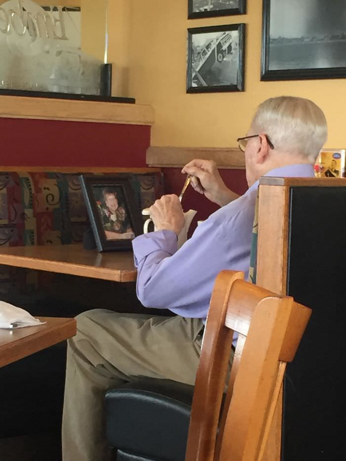 I was having lunch with my mom, and this gentleman was having coffee with his late wife. Everyone deserves to have a love this strong.