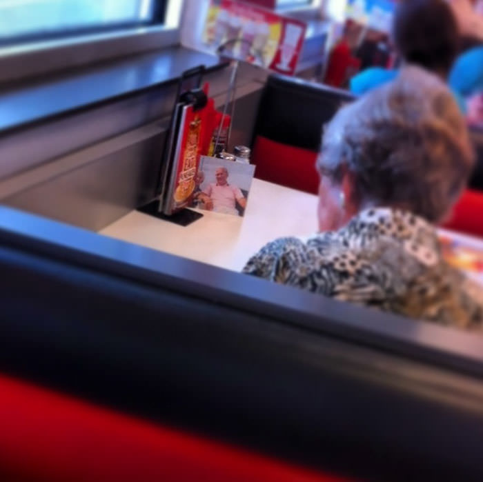 My girlfriend works at Steak 'n Shake. This woman's husband passed away, but she still has lunch with him every day.