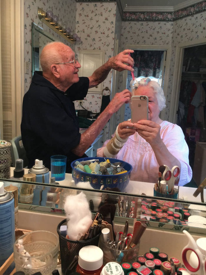 Grandma had surgery on her wrist and couldn't do her own hair, so my grandpa did it for her.