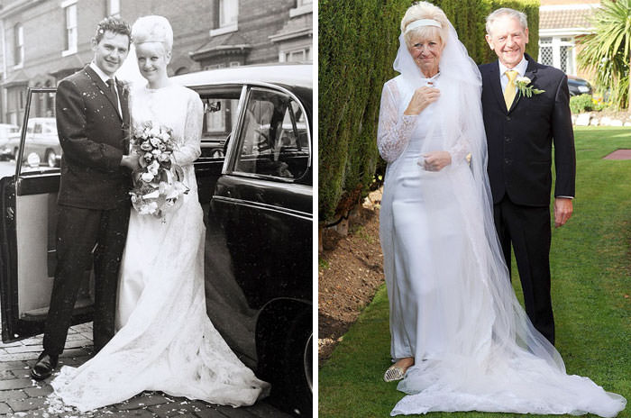 Couple celebrates 50 years of love by wearing the same wedding clothes they wore in 1966.