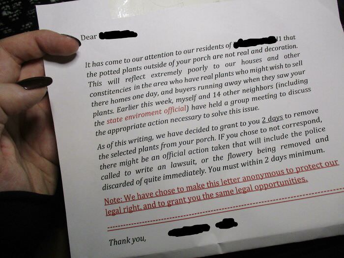 This poorly written letter from my passive-aggressive neighbor telling me to remove my 'legally-owned' plants from my property.
