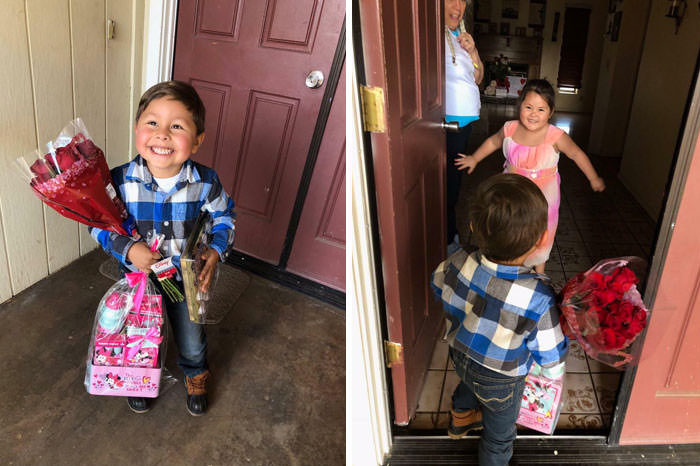 He has the biggest smile right as he's about to give his girlfriend her Valentine's gift for the first time.