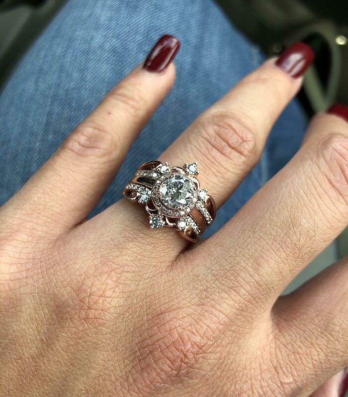 Now after 2 years, my husband surprised me with the most amazing wedding ring I have ever seen. He picked the design himself. I can’t believe it. When we eloped, my husband and I were on a tight budget. I used my mom’s ring (a gift) as my wedding ring.