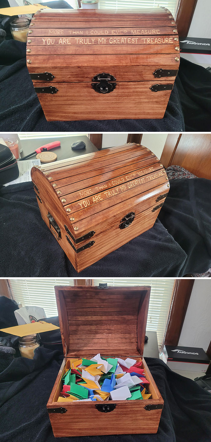 My Valentine's gift for my wife. I bought a chest at a craft store. Sanded it, stained it, sealed it, engraved it, and filled it with 365 love notes: one a day until next Valentine's.