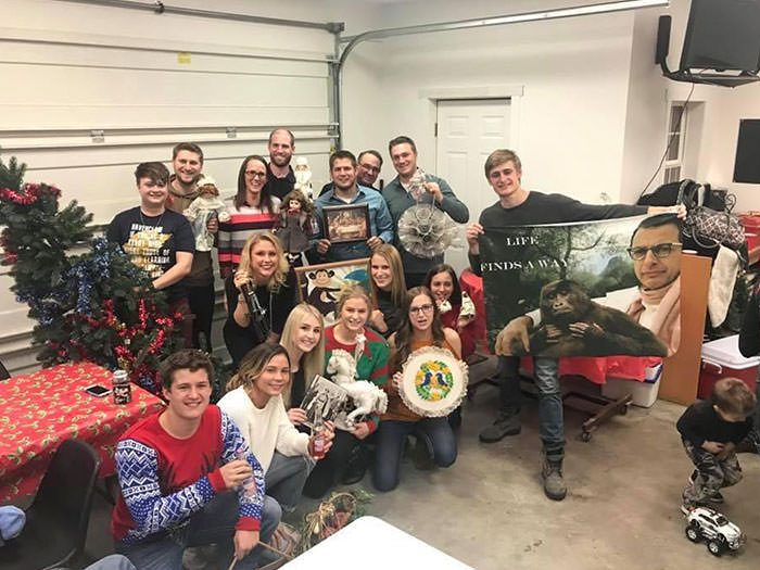 My family's annual white elephant gift exchange. Everything you see in this picture must be displayed in our homes for the entire year.
