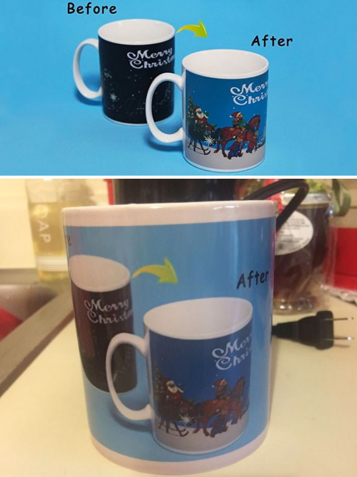 I bought this cup for my wife, expecting it to change from a black cup to a Christmas scene.