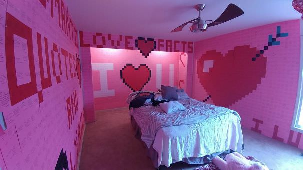 My husband created an 8-bit V-Day room with over 7000 memories on sticky notes.