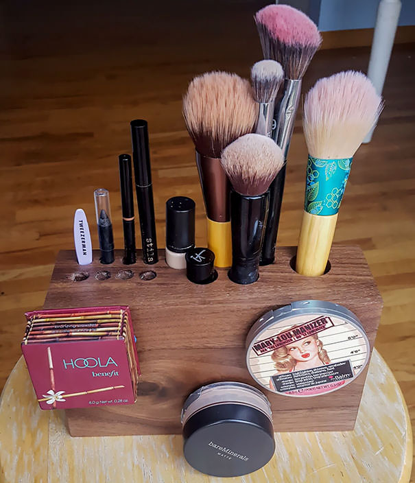 My boyfriend made me a makeup case out of walnut and magnets.