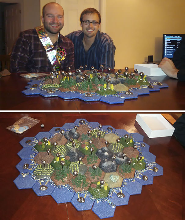 I turned 30 today and my boyfriend gave me the gift he's been working on for over two months. A custom hand-made Settlers of Catan set + extension. I'm an incredibly lucky guy.