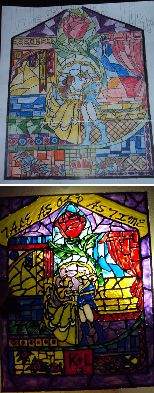 I decided to make my wife a surprise gift for her to receive at our wedding. She loves Beauty and the Beast so I decided to hand-draw a picture of the window from the movie and make her a "stained glass window" for our apartment.