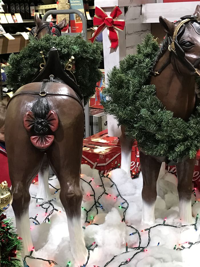 The bow on this fake holiday horse makes it look like it has a horrible case of hemorrhoids.