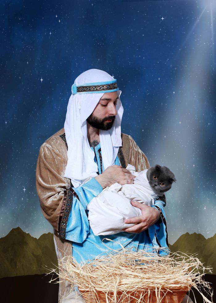 Me and my cat's Christmas card was deemed "sacrilegious."