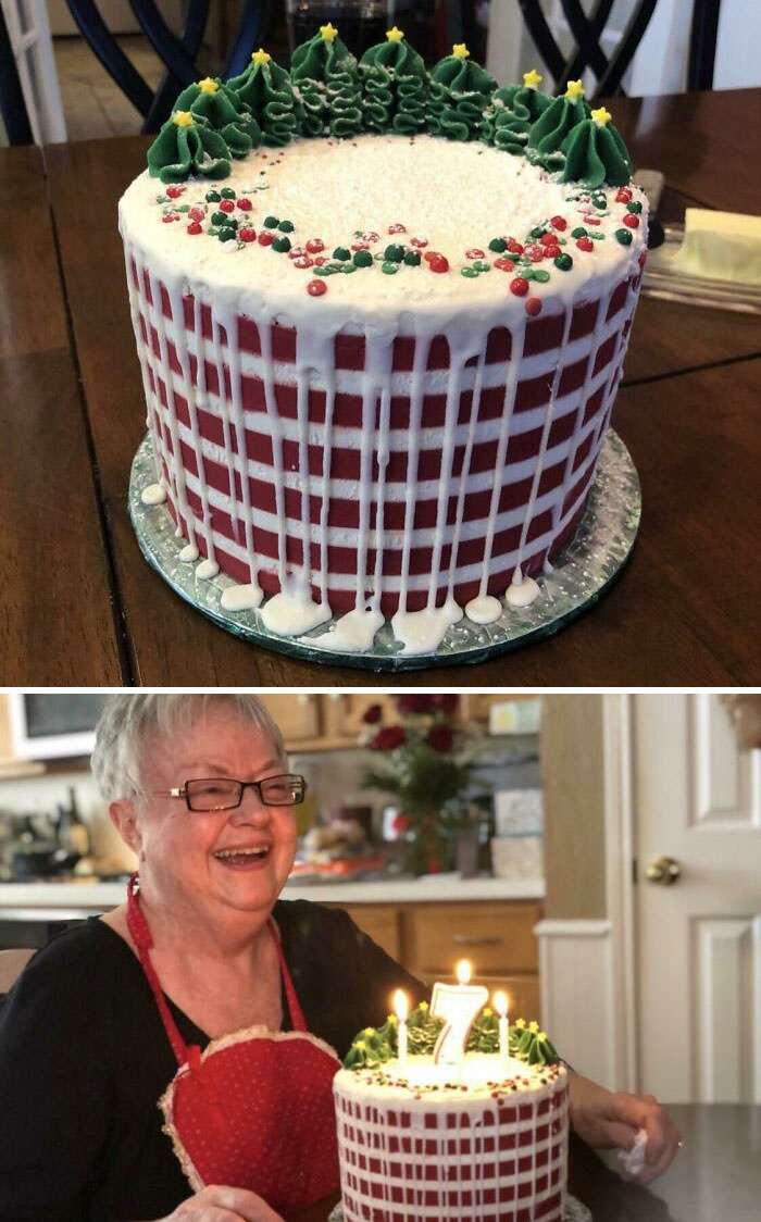 My newly-found grandmother and the Christmas birthday cake we had made for her.
